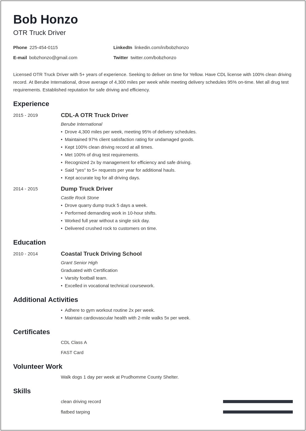 Cdl Class A Truck Driver Resume Template