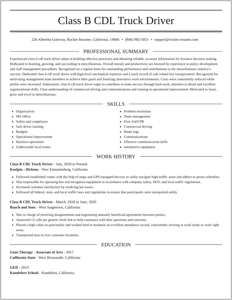 Cdl Class B Driver Resume Examples