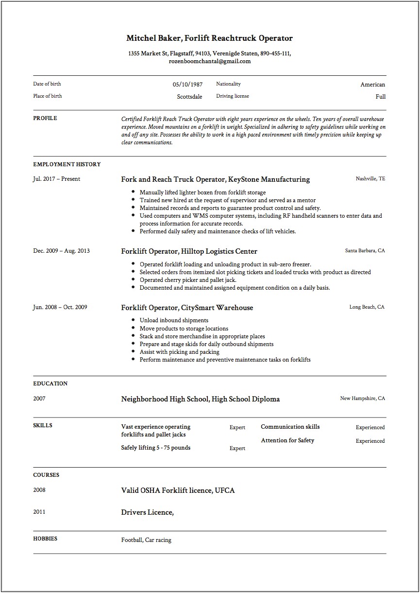 Certified Forklift Operator Skills For Resume