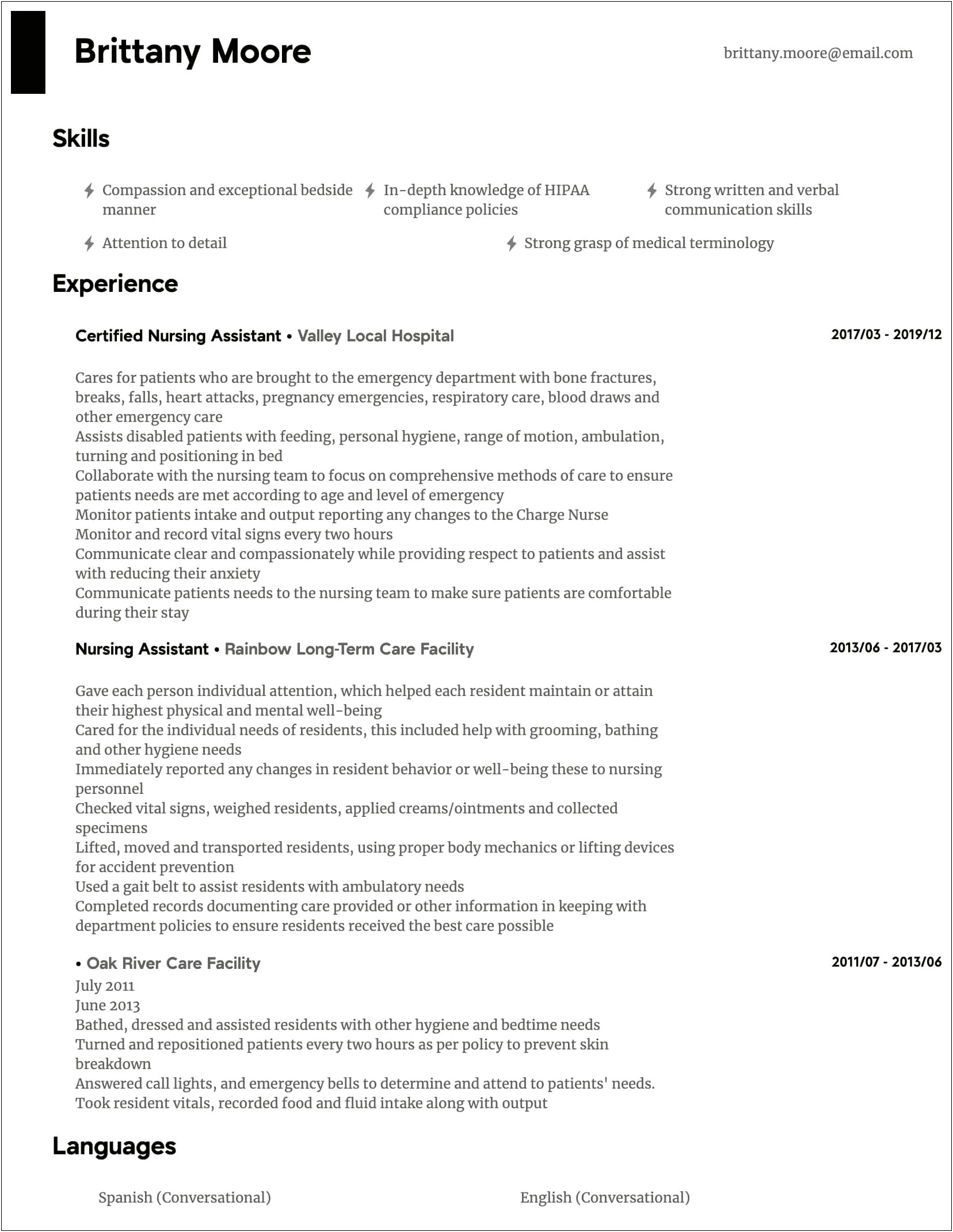 Certified Nurses Aide Job Description For Resume