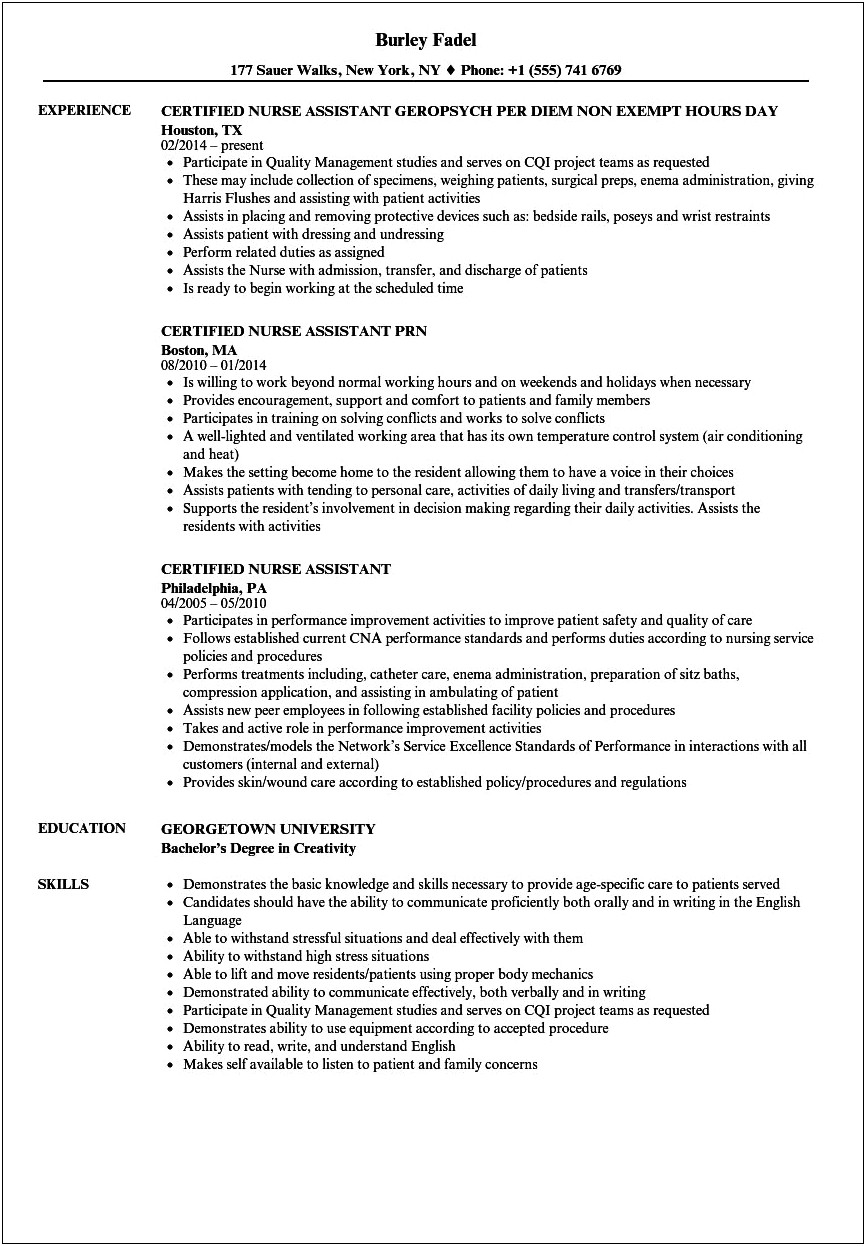 Certified Nursing Assistant Clinical Experience Resume