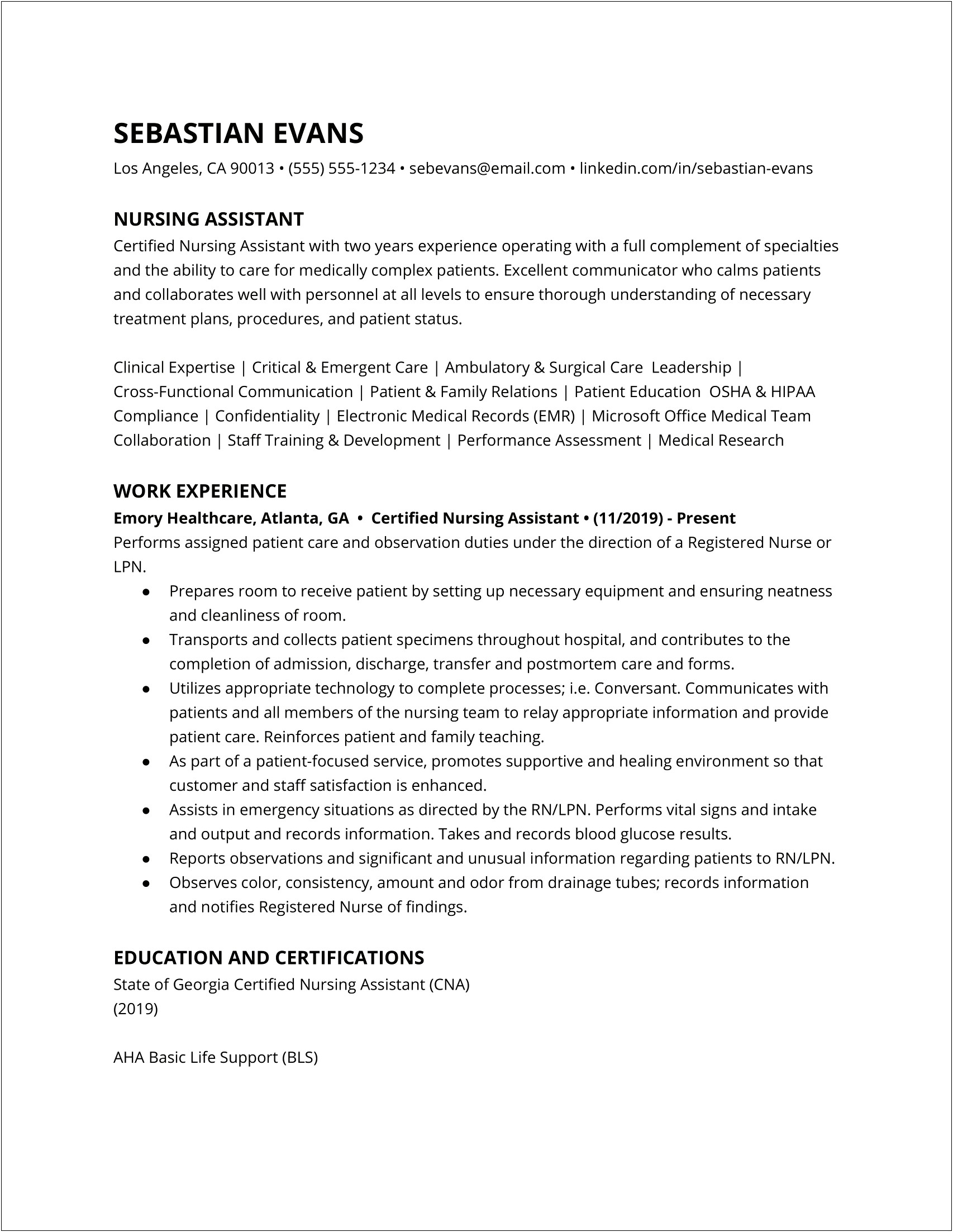 Certified Nursing Assistant Cover Letter Resume