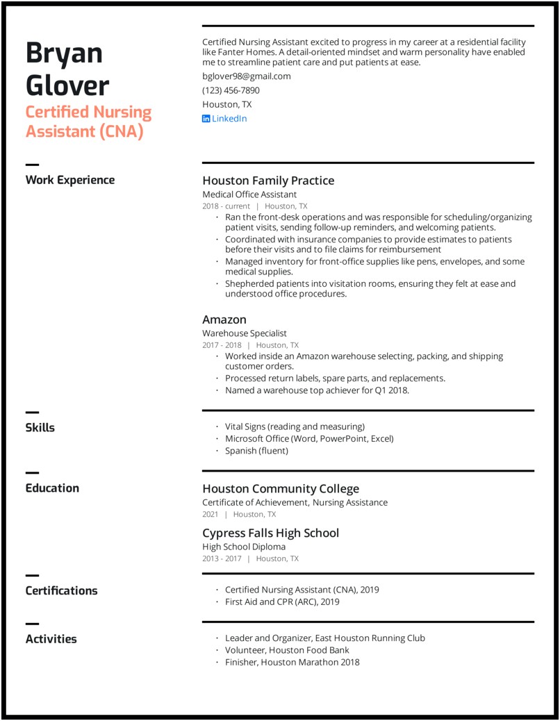 Certified Nursing Assistant Resume Summary Examples