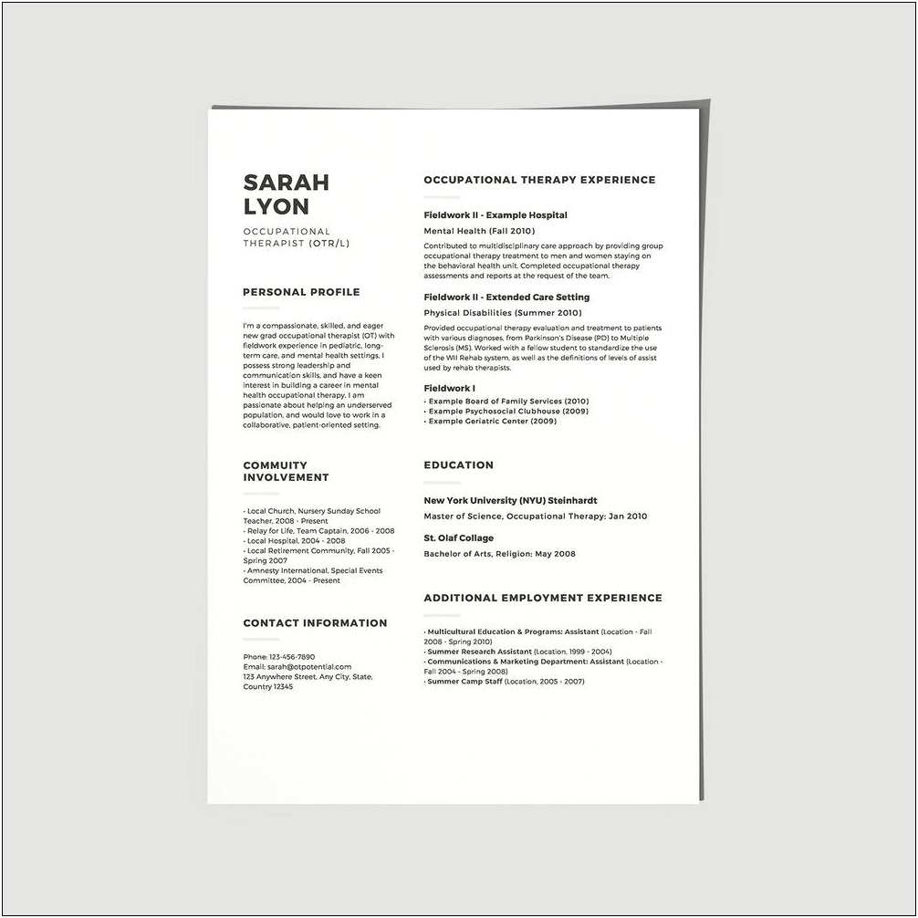 Certified Occupational Therapist Assistant Sample Resume