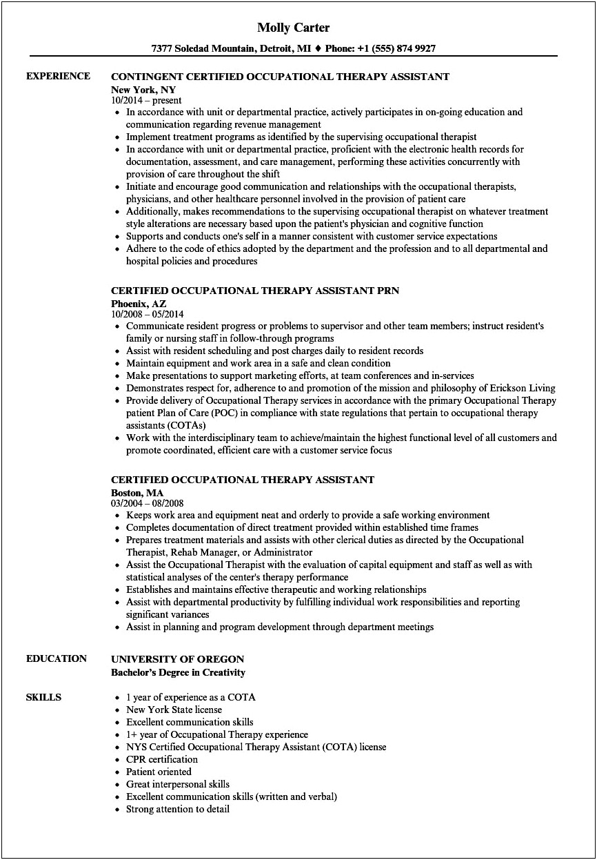 Certified Occupational Therapy Assistant Resume Samples