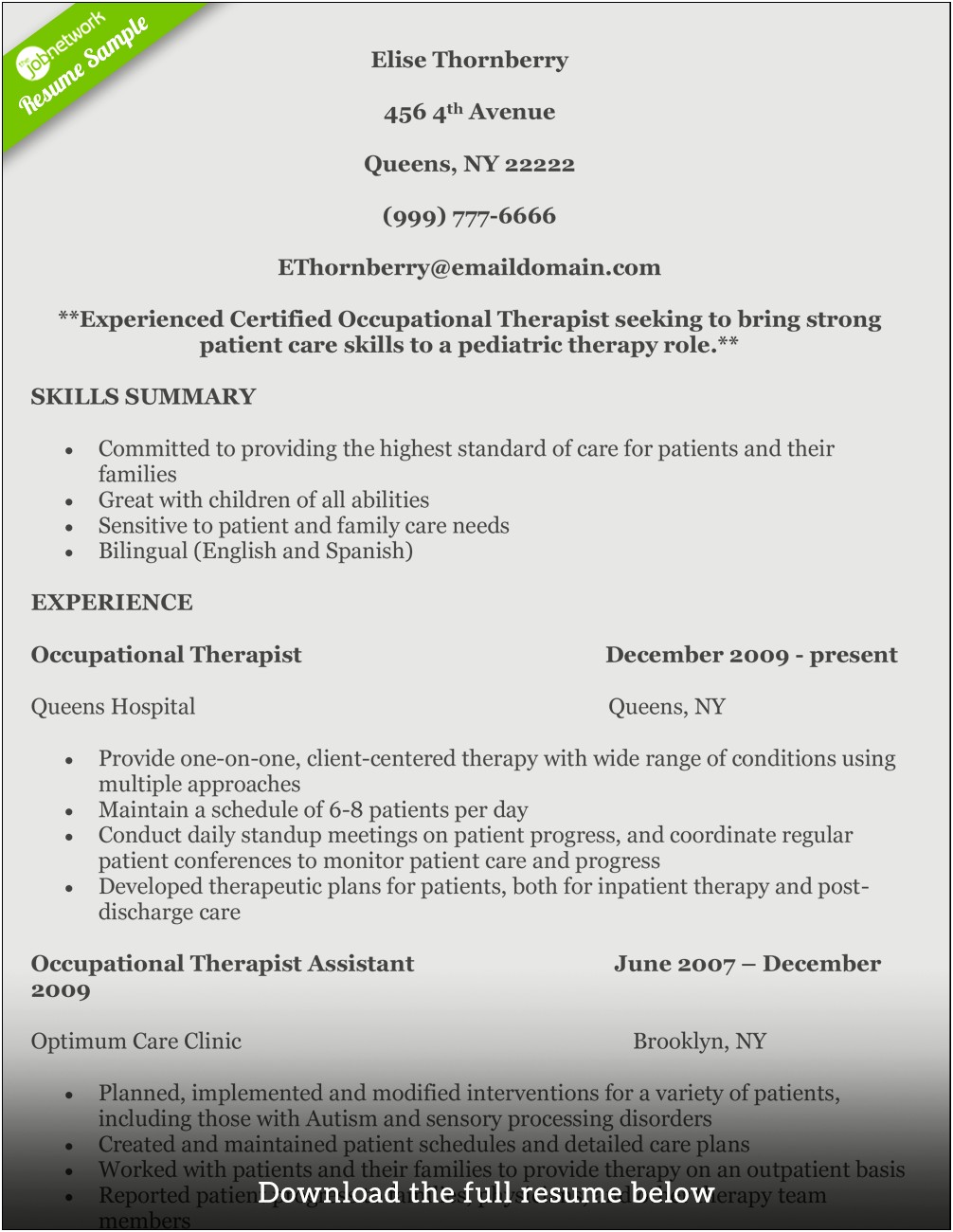 Certified Occupational Therapy Assistant Resume Template