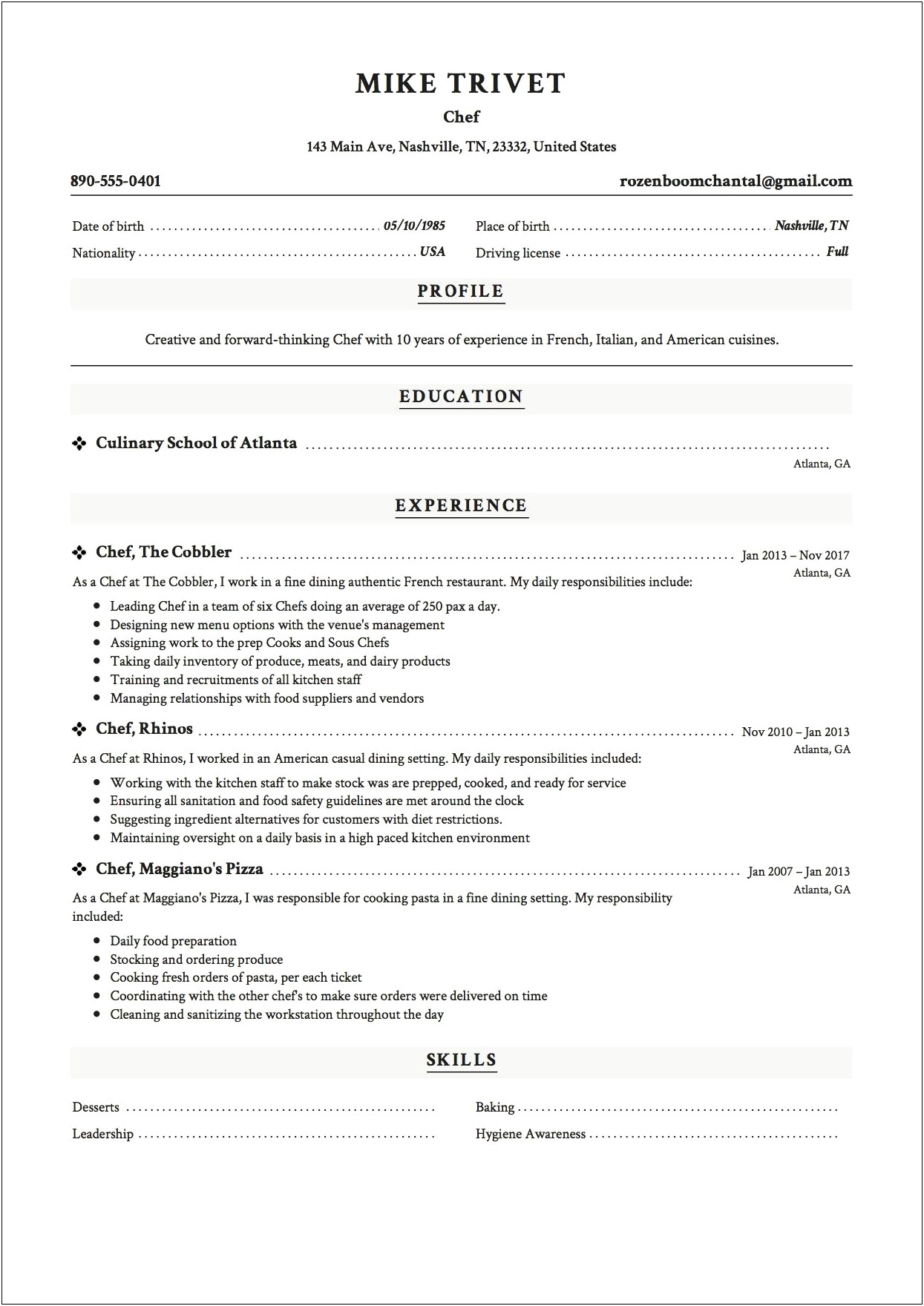 Chef De Partie Resume Word Format