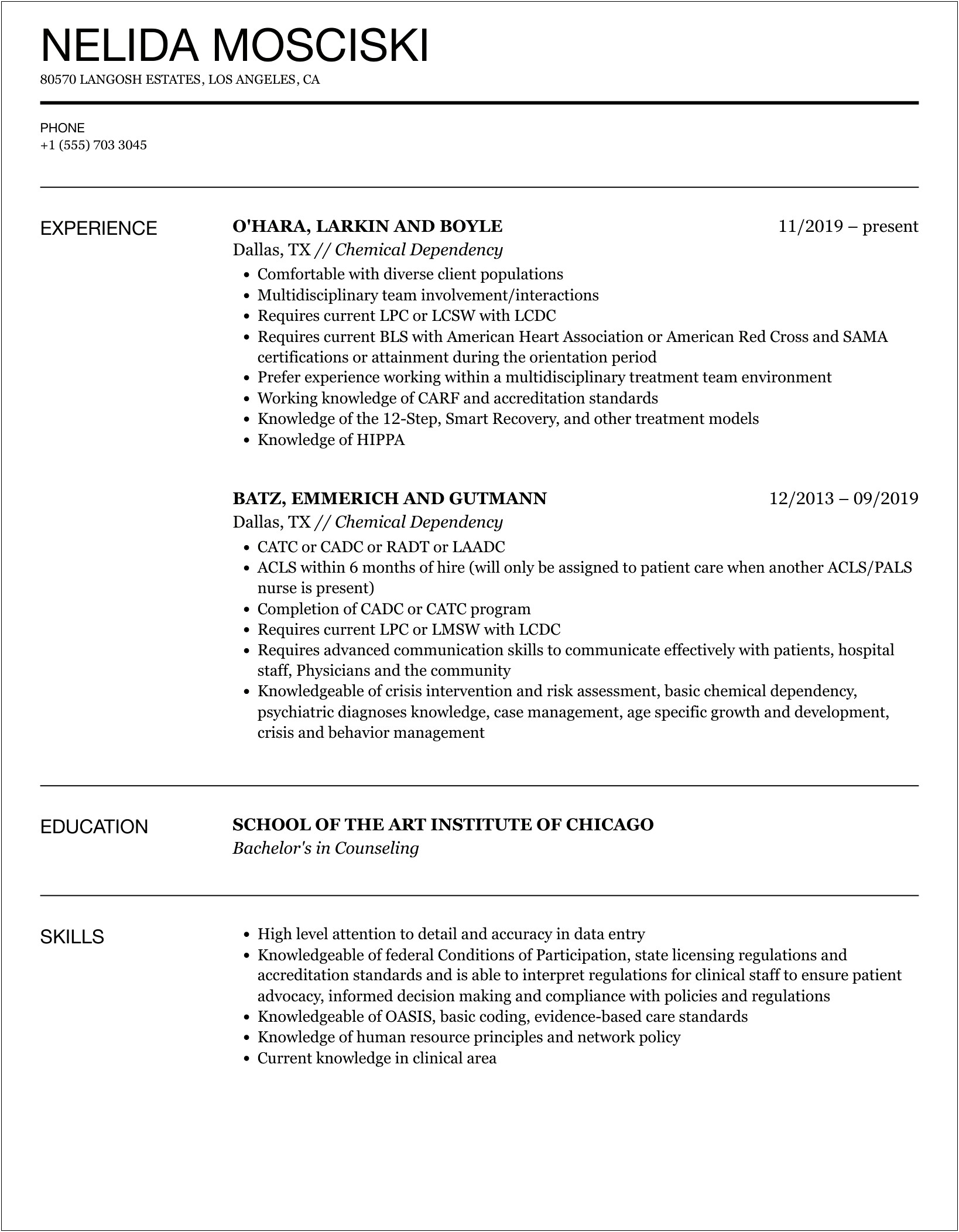 Chemical Dependency Intake Professional Summary For Resume