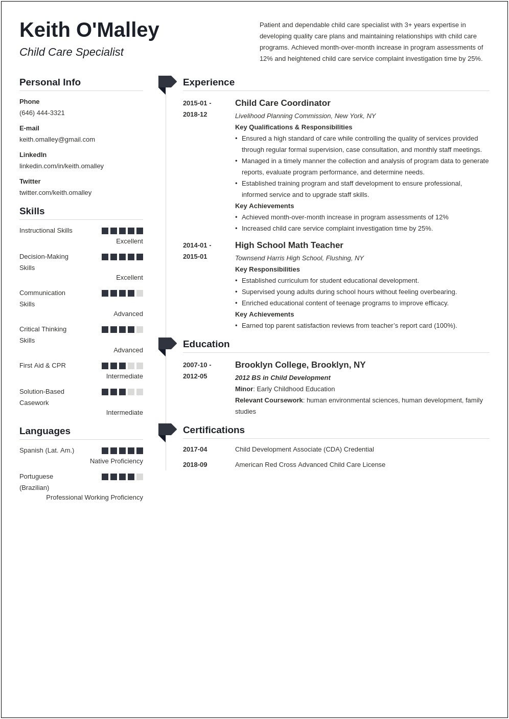 Child Care Skills Summary For Resume