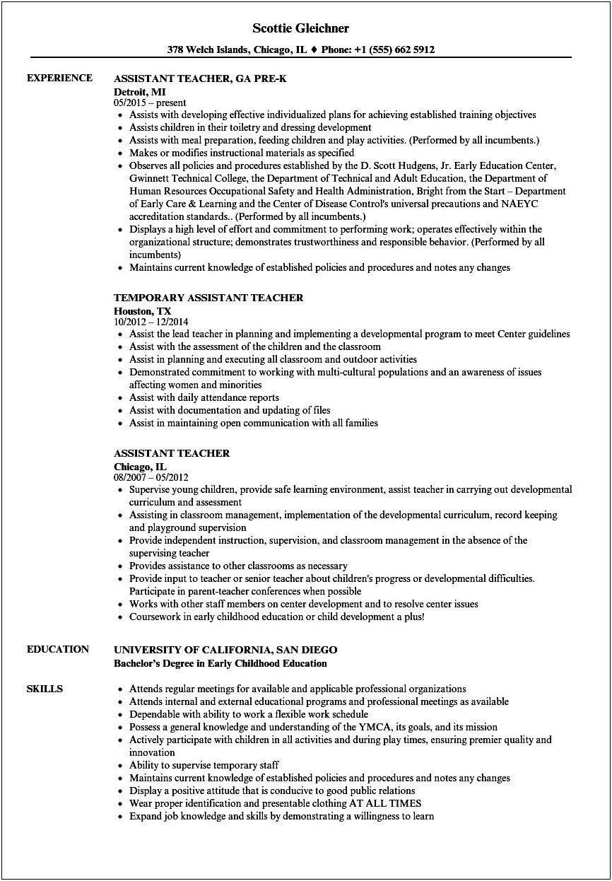 Child Care Teacher Job Description For Resume