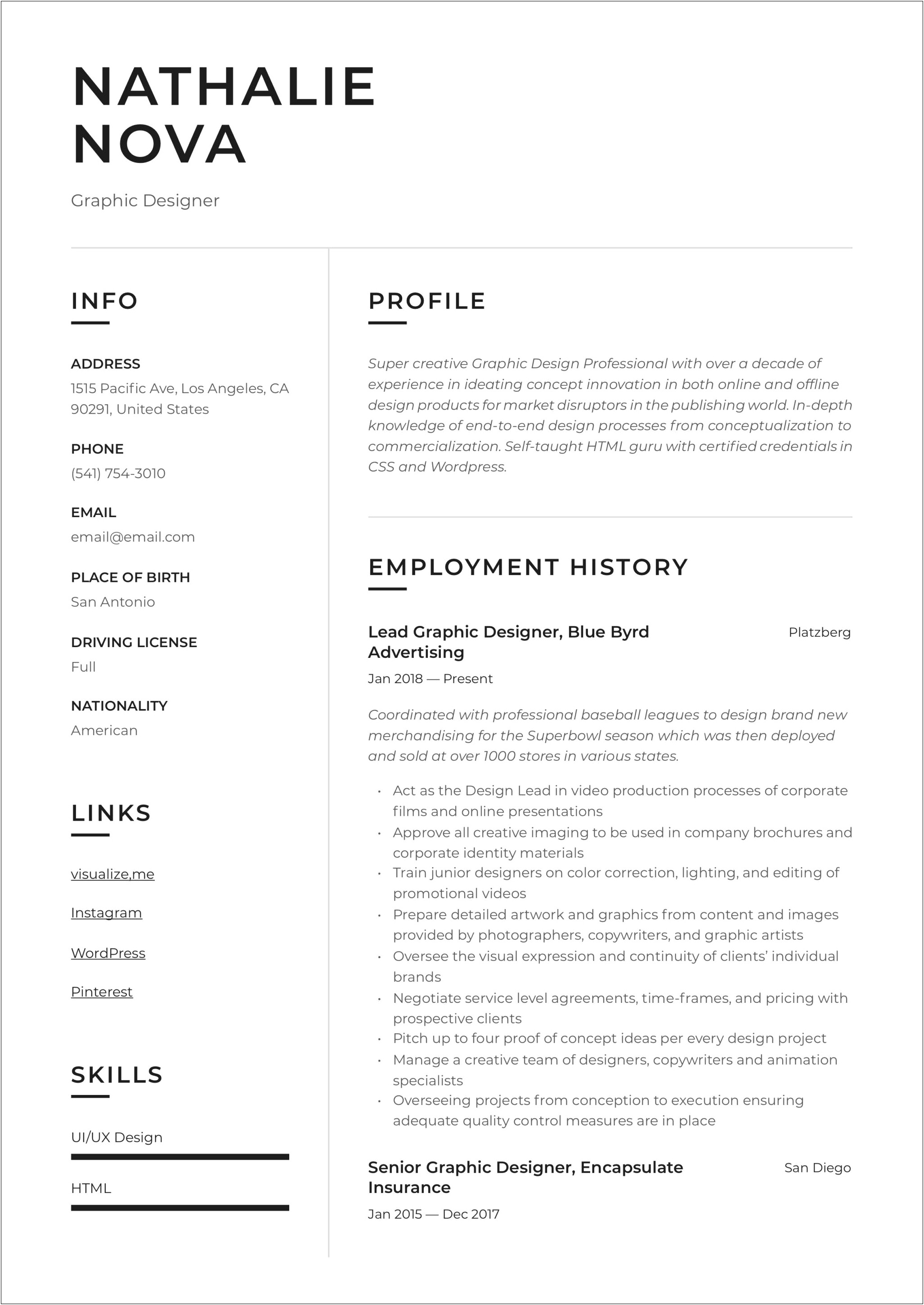 Chronological Resume Graphic Designer Experience Text