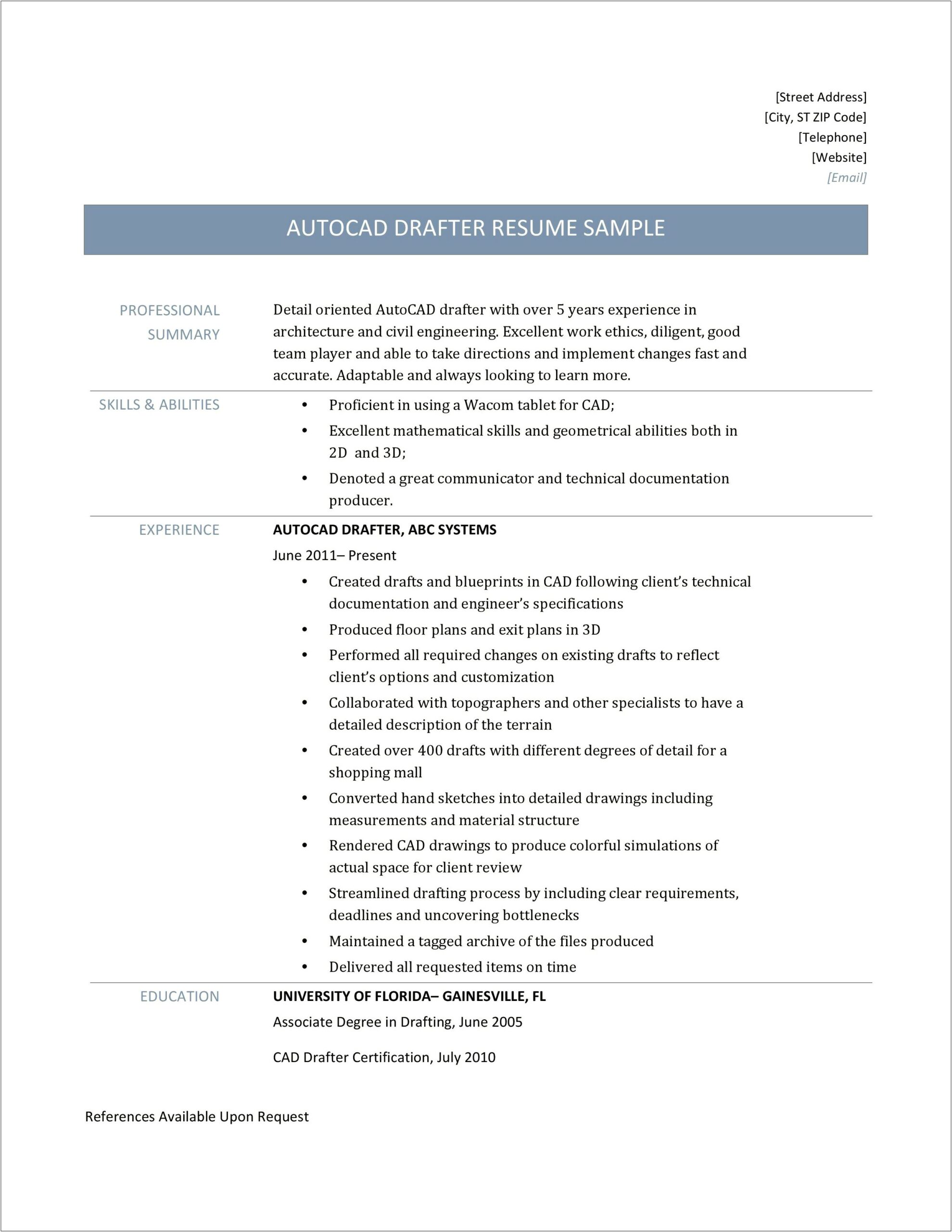 Civil Autocad Draftsman Resume In Word