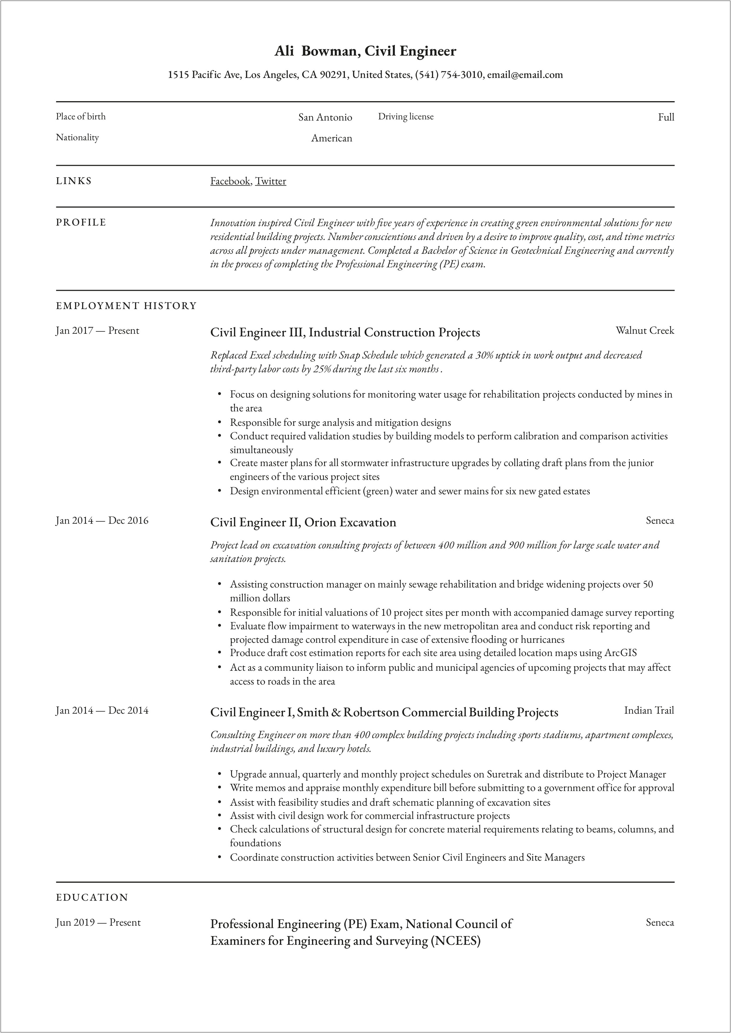 Civil Engineer 1 Year Experience Resume