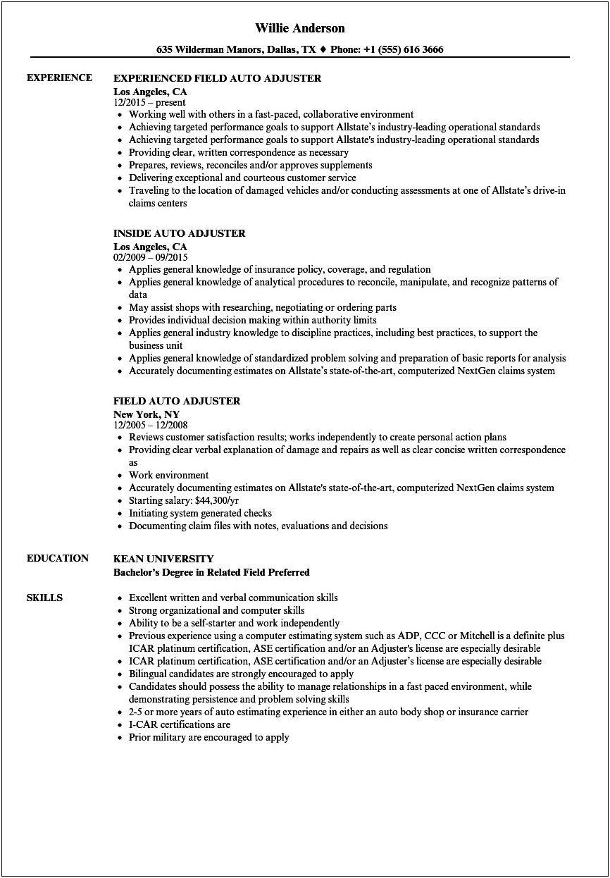 Claims Adjuster Job Description For Resume