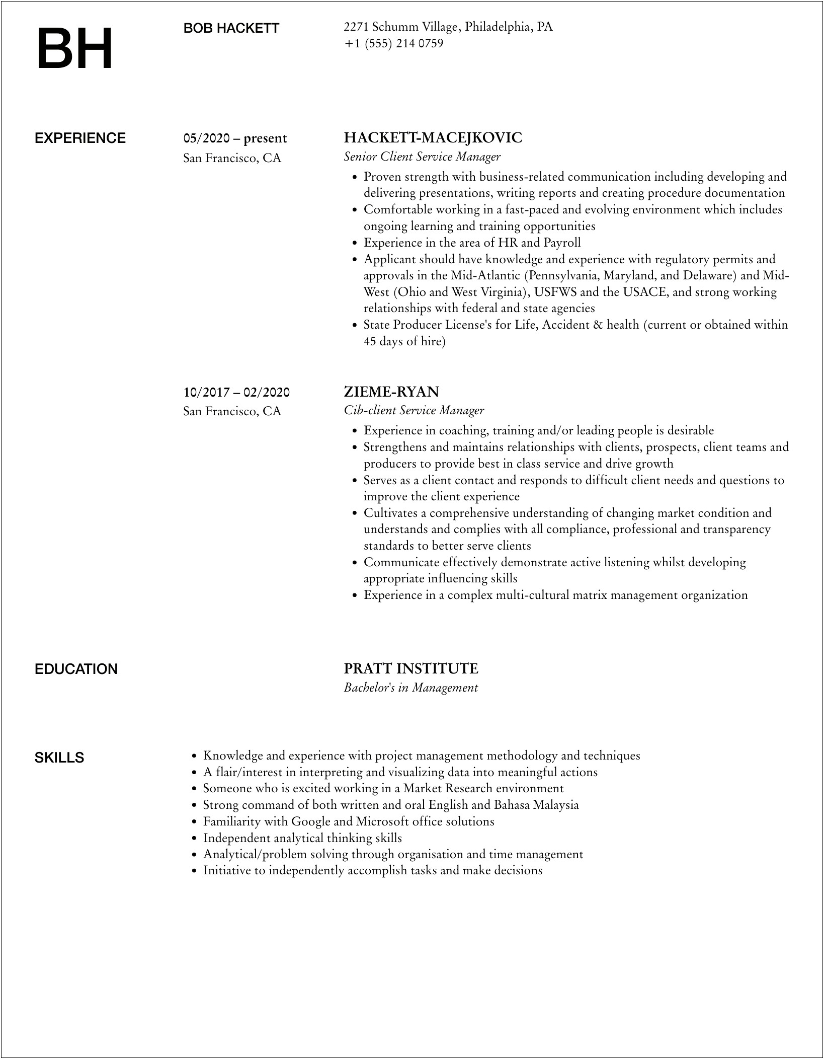 Clients Service Manager High Value Segment Sample Resume