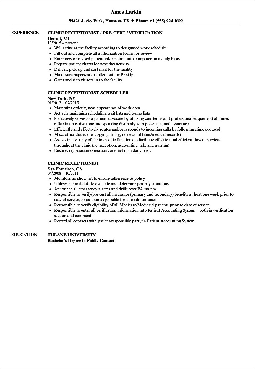 Clinic Receptionist Job Description For Resume