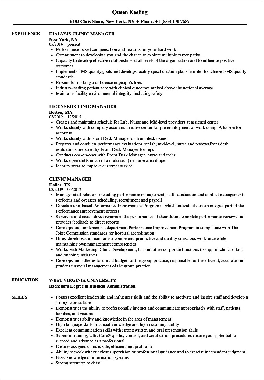 Clinic Supervisor Summary On A Resume