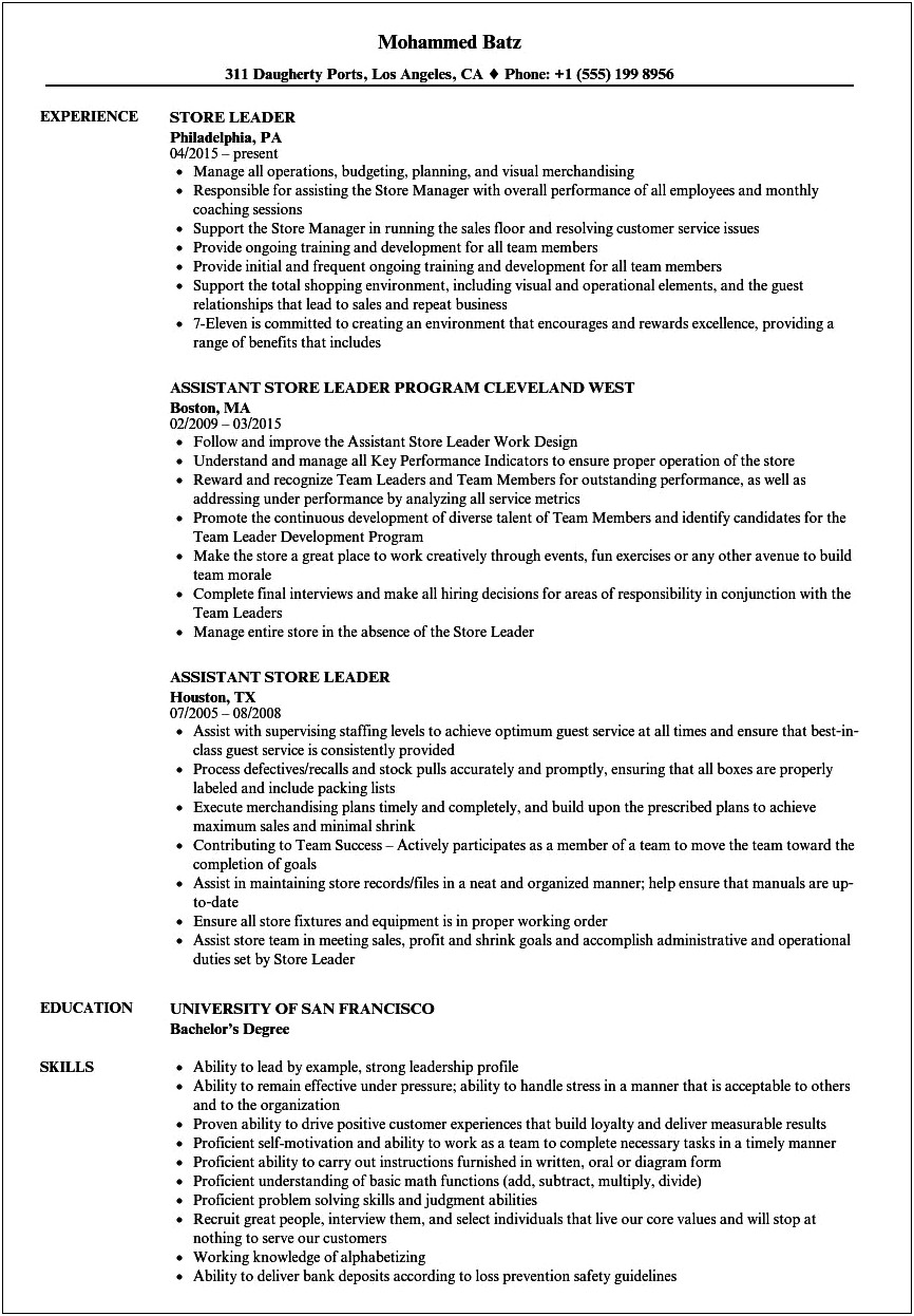 Cold Stone Creamery Shift Leader Resume Examples