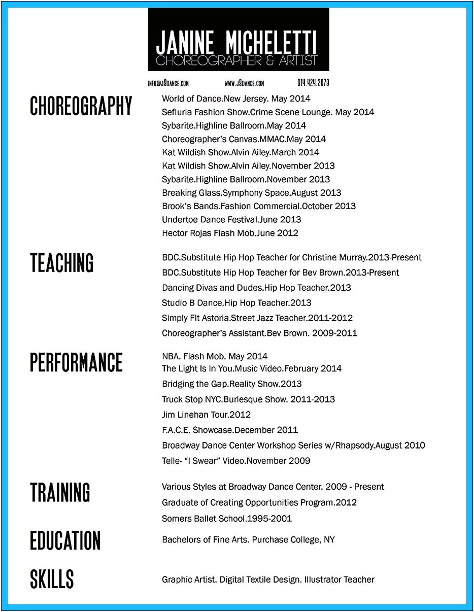 College Dance Resume And Portfolio Templates Pdf