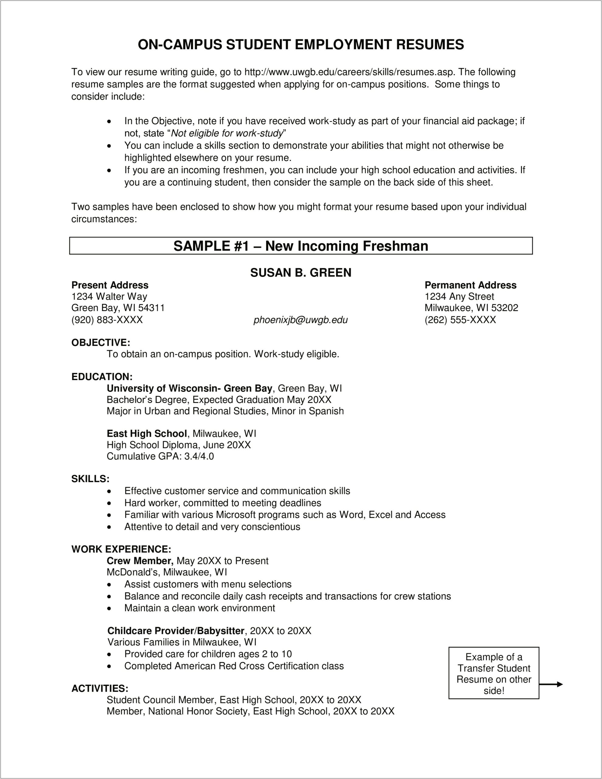 College Freshman Resume For Work Study