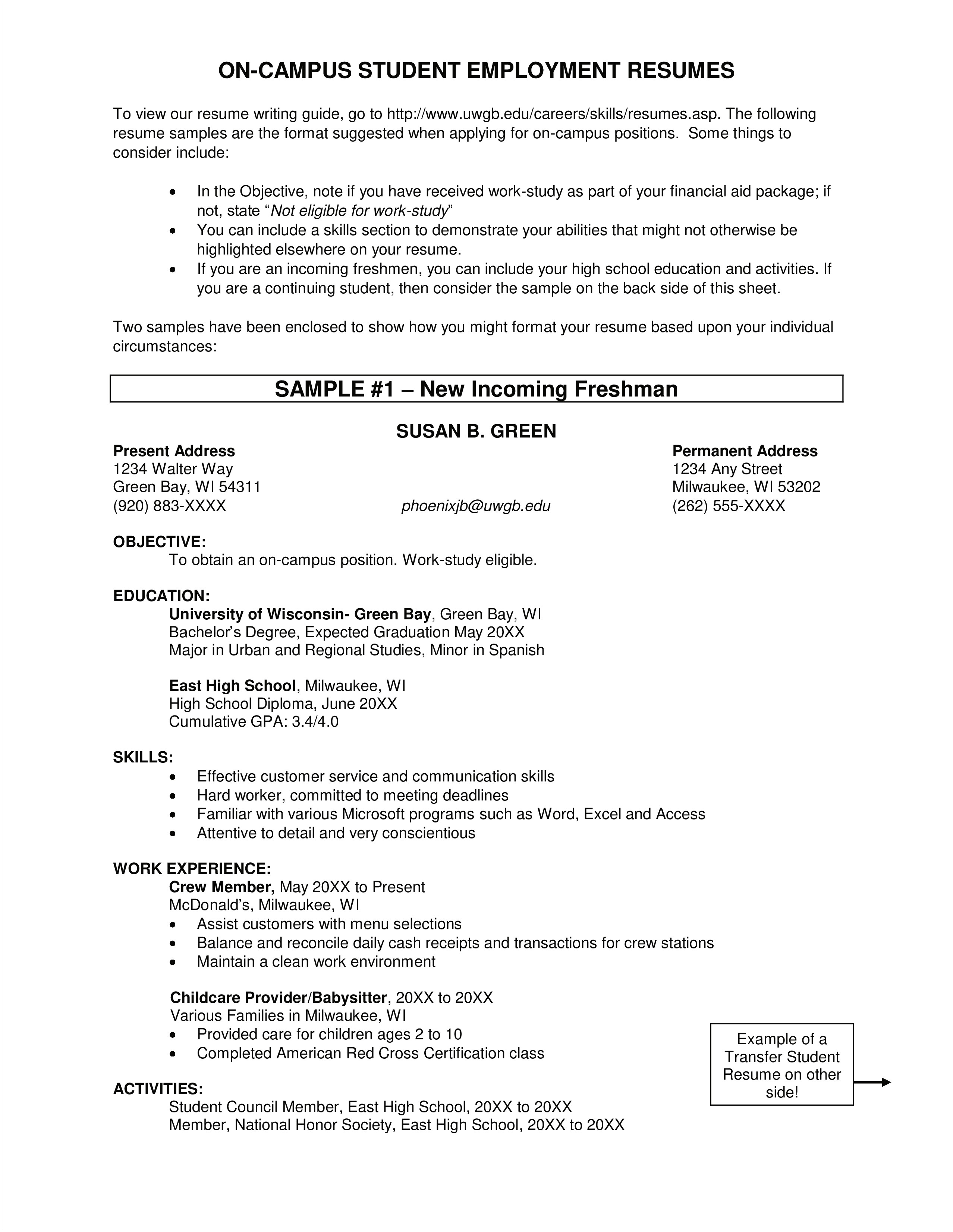 College Freshman Resume For Work Study