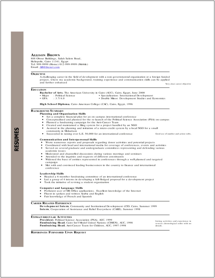 College Resume Objective For Political Science