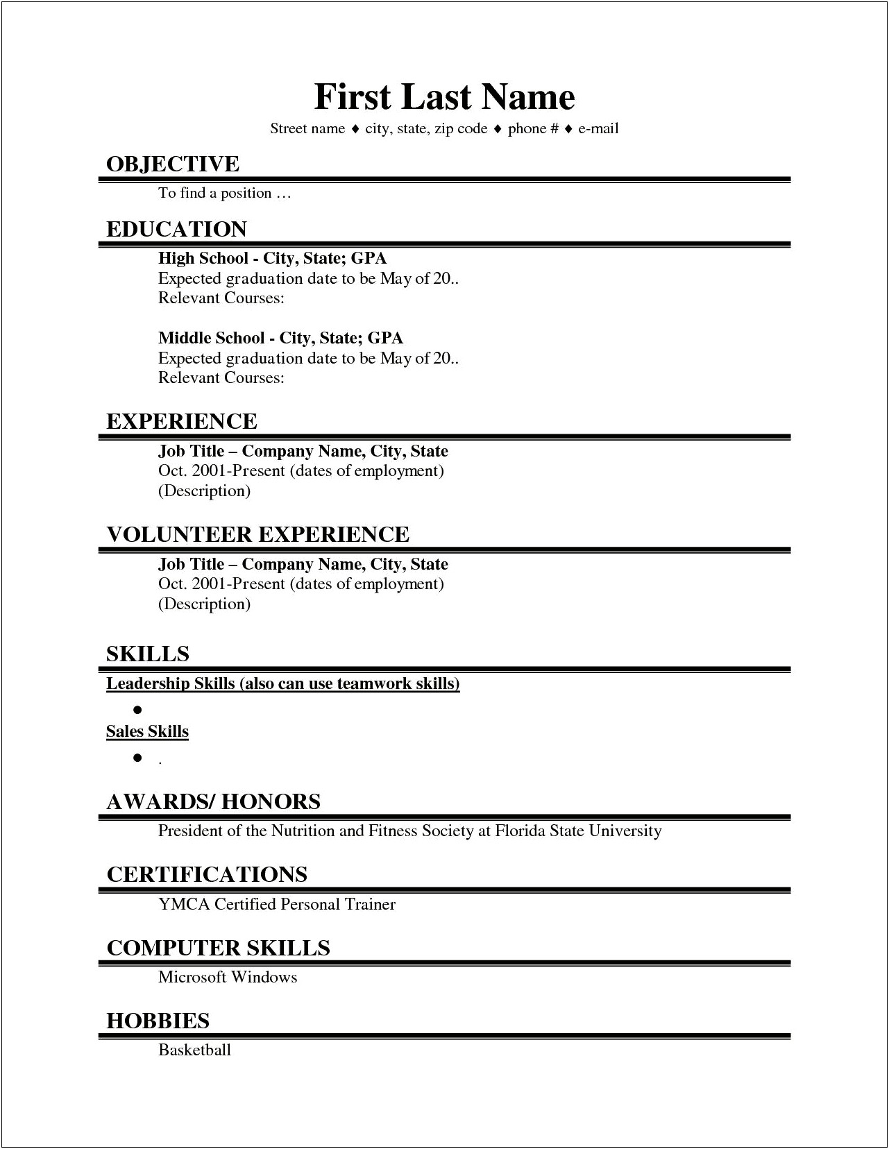 College Student Resume Relevant Class Experience