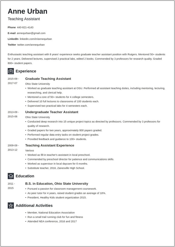 College Teacher Assistant Job Description For Resume