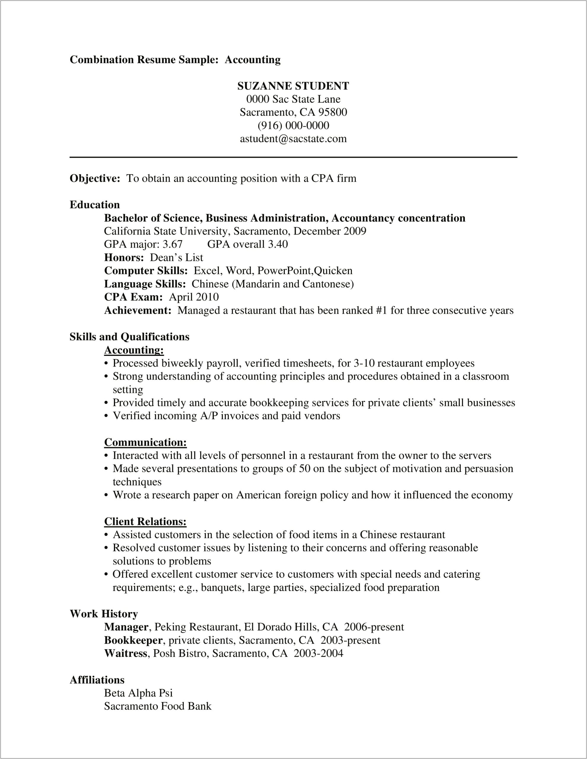 Combination Resume Template Of Customer Service