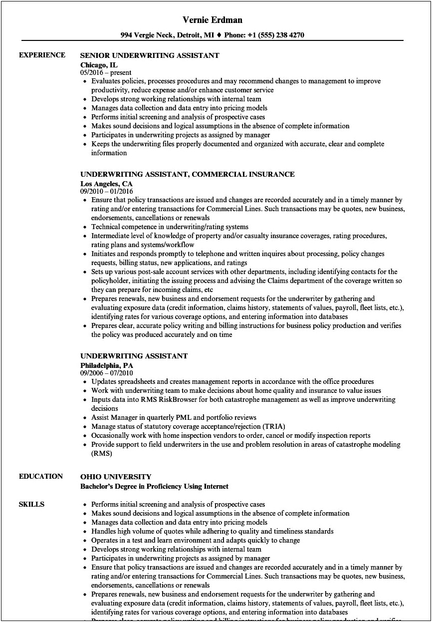 Commercial Insurance Underwriting Assistant Sample Resume