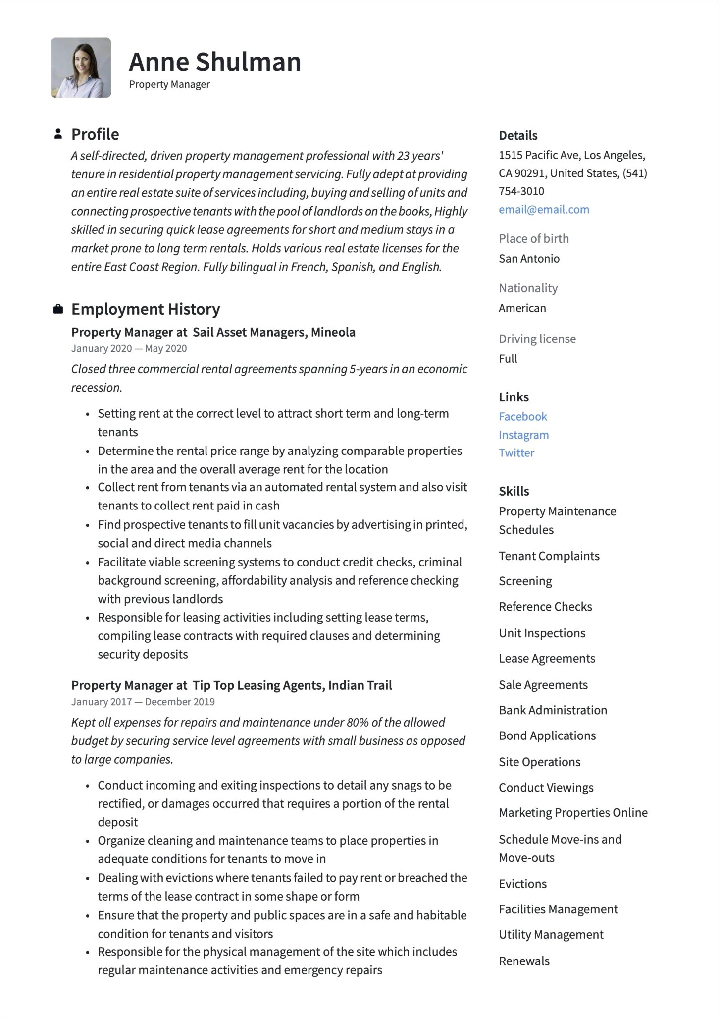 Commercial Real Estate Asset Management Resume