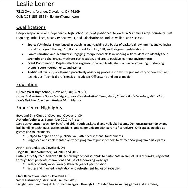 Communication For High School Student Resume