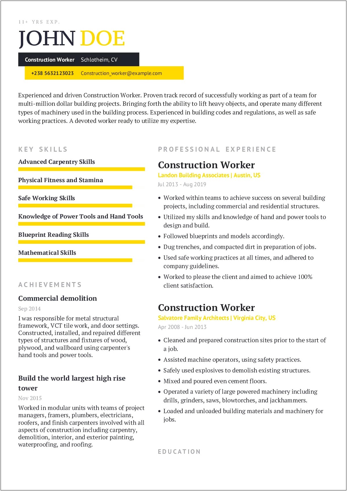 Construction Demolition Job Description For Resume