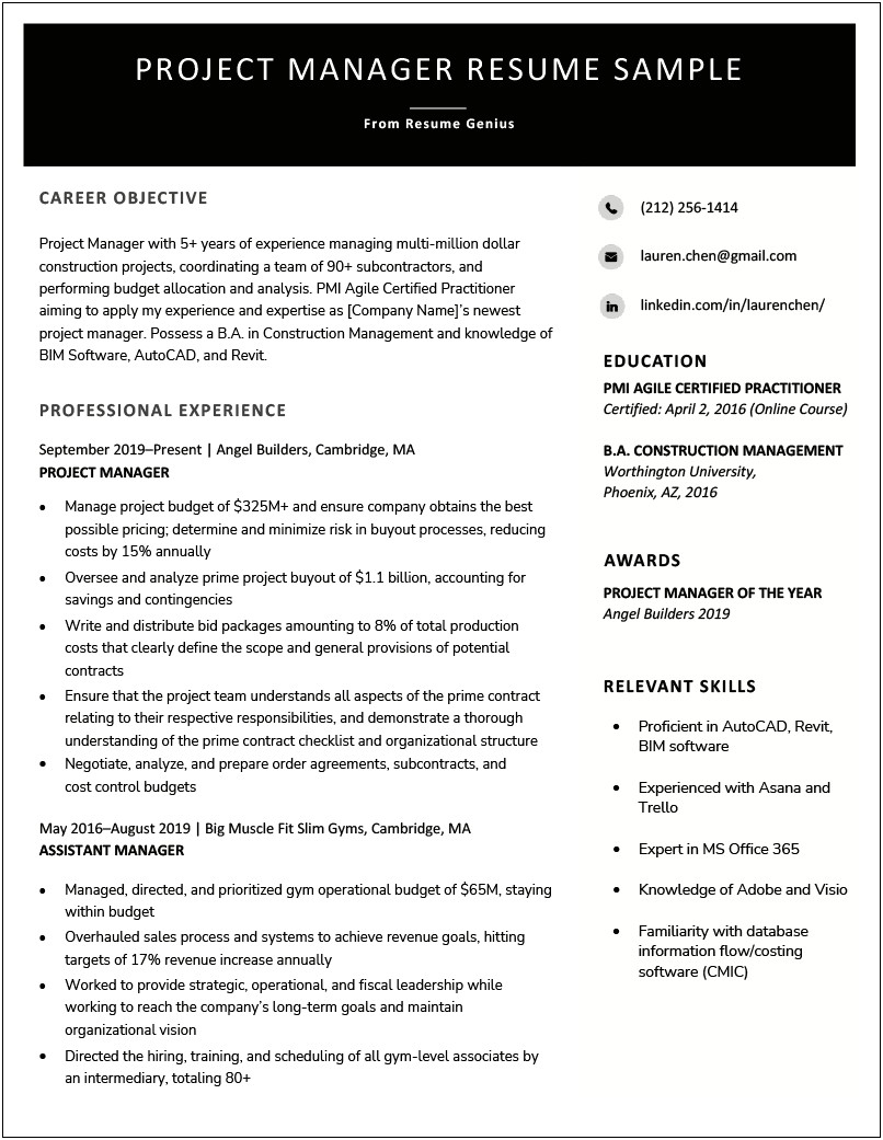 Construction Project Manager Resume Samples 2019