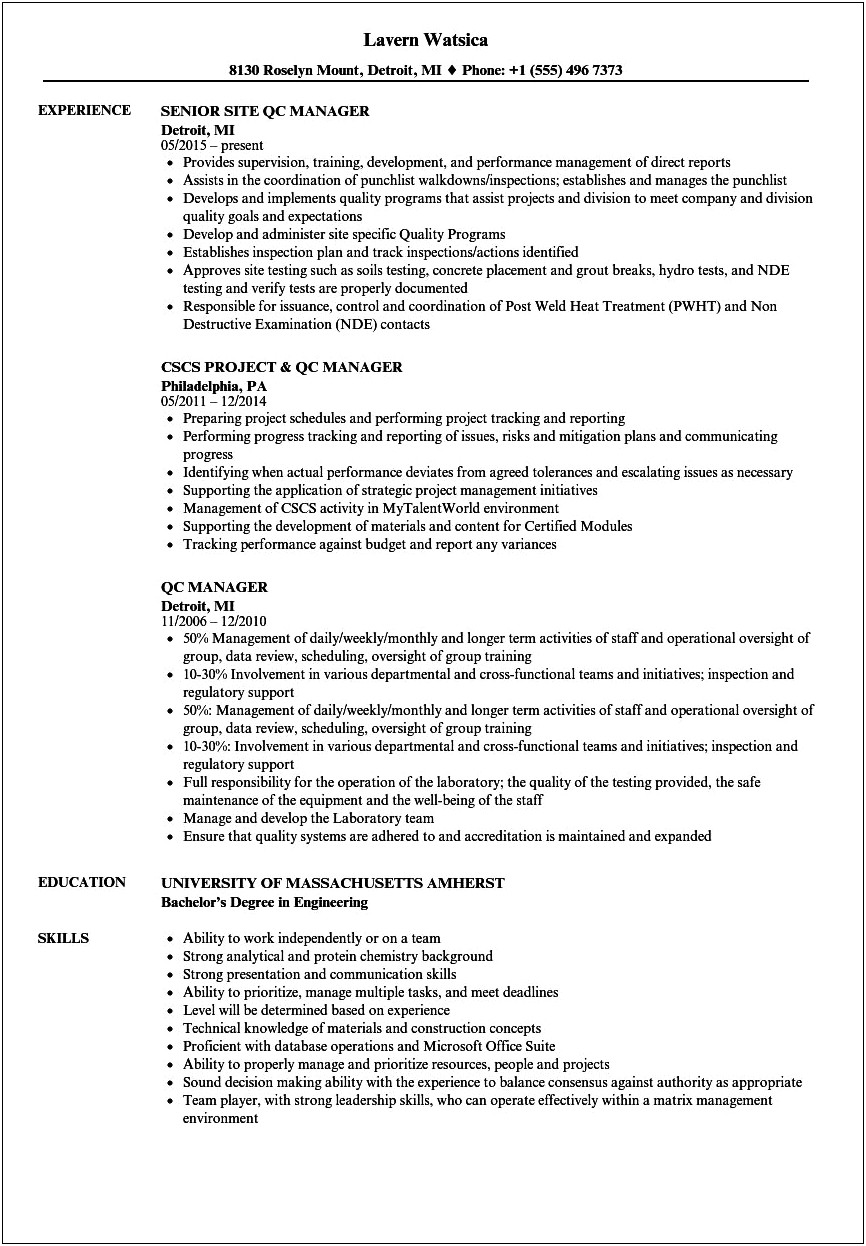 Construction Quality Control Manager Resume Charleston Sc