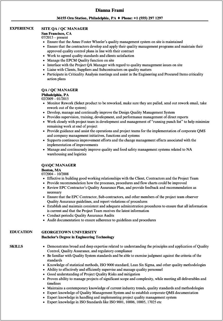 Construction Quality Control Manager Resume Sample