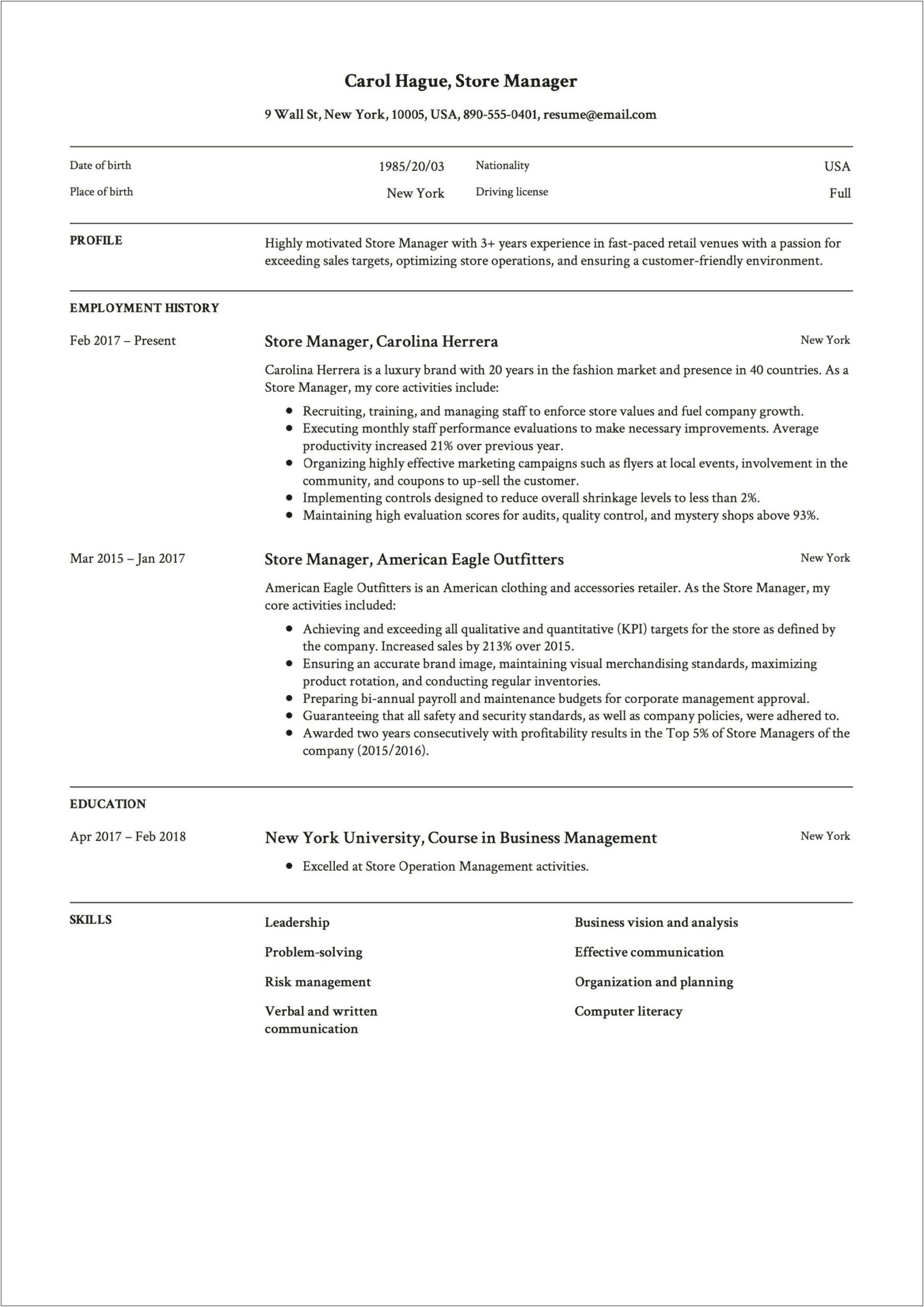 Construction Store Keeper Resume Sample Word