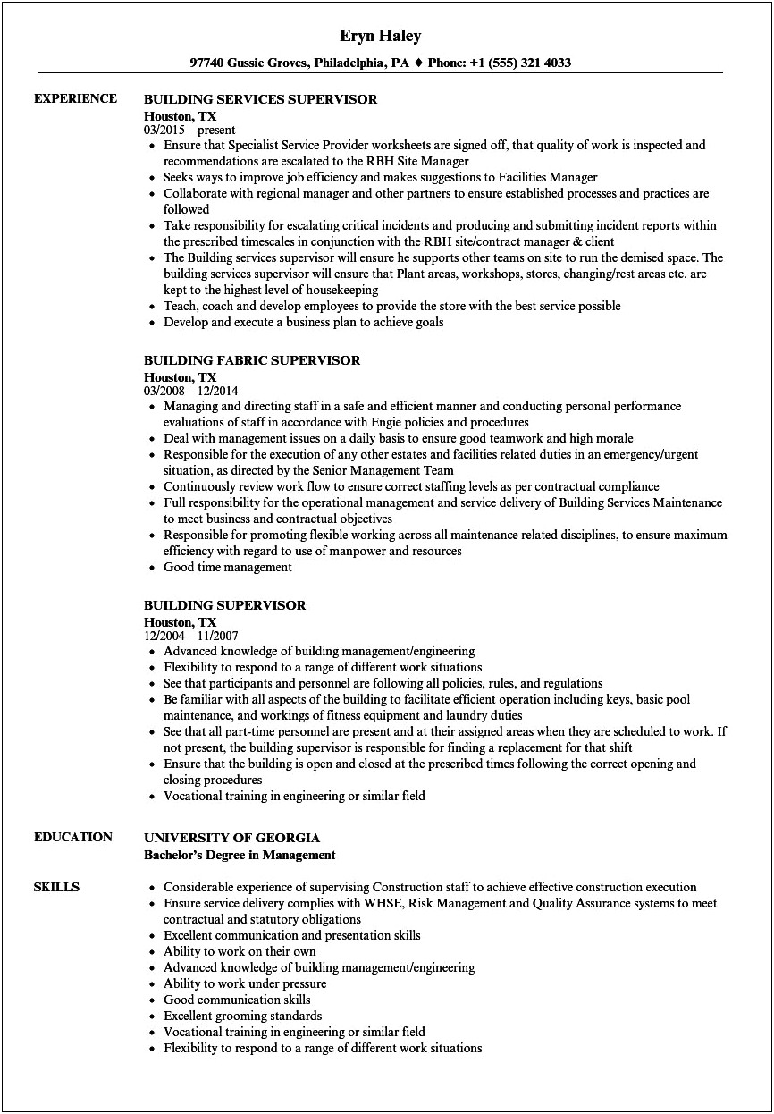 Construction Supervisor Job Description For Resume