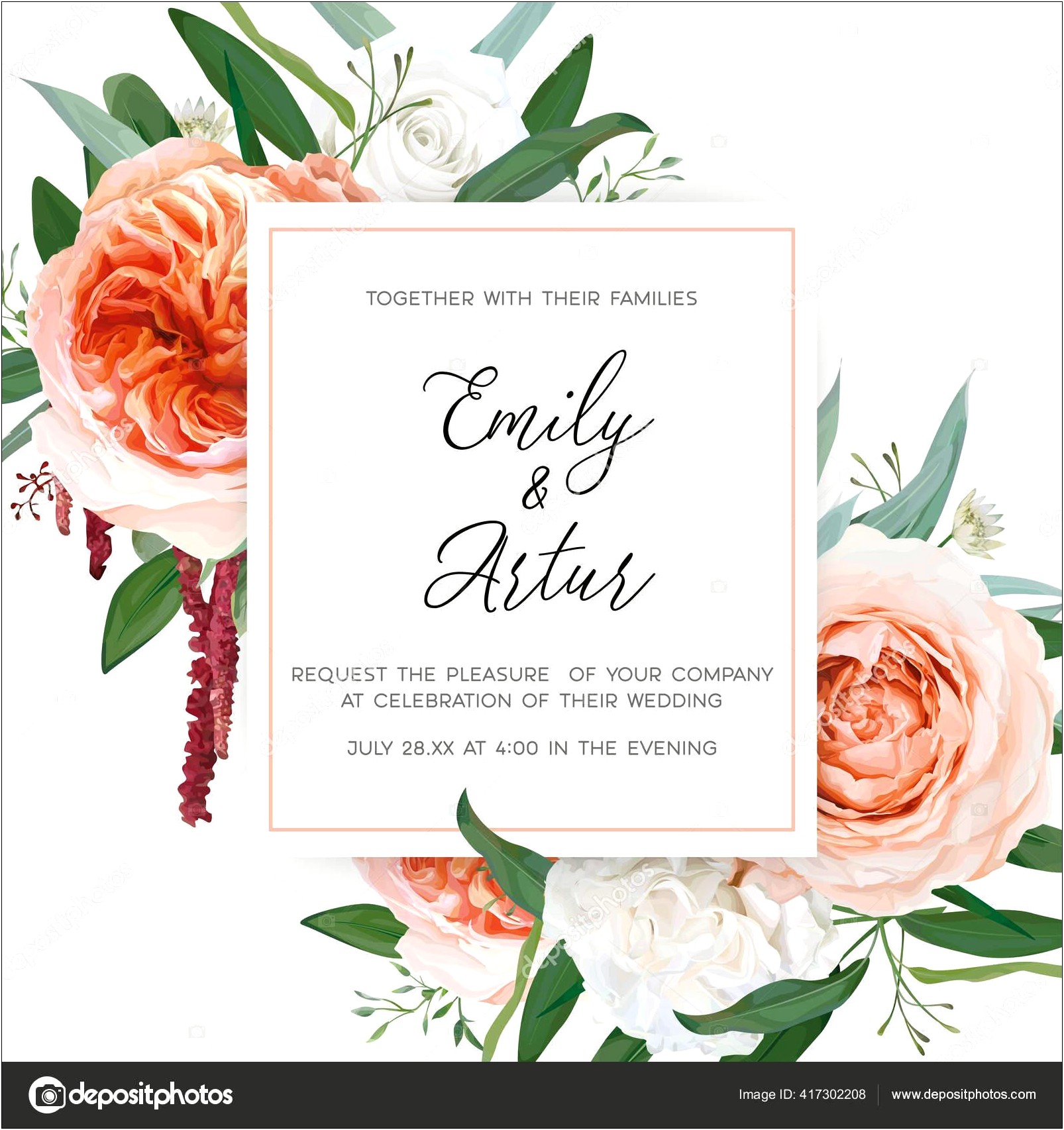 Coral Rose Framed Wedding Invite Clip Art