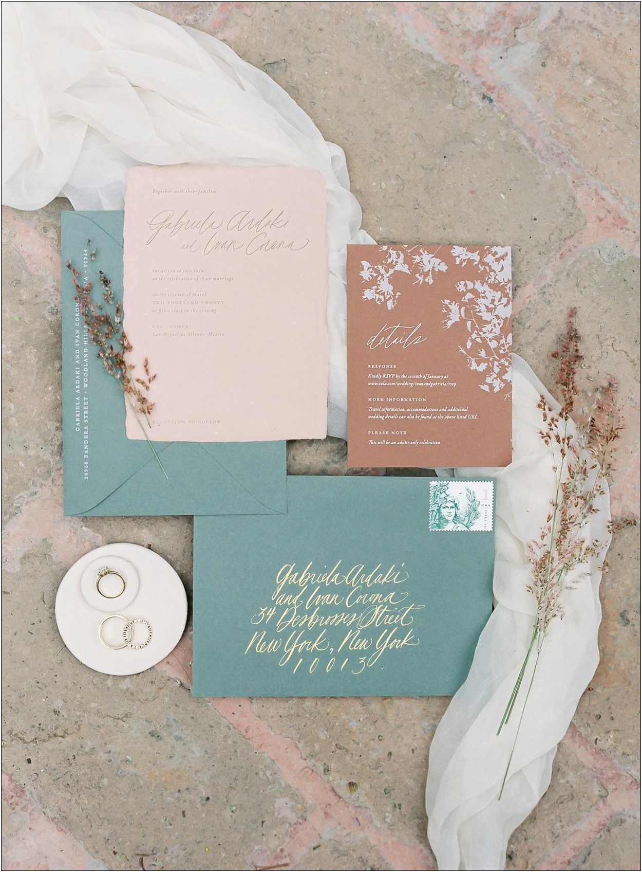 Coral Teal And Gold Wedding Invitations