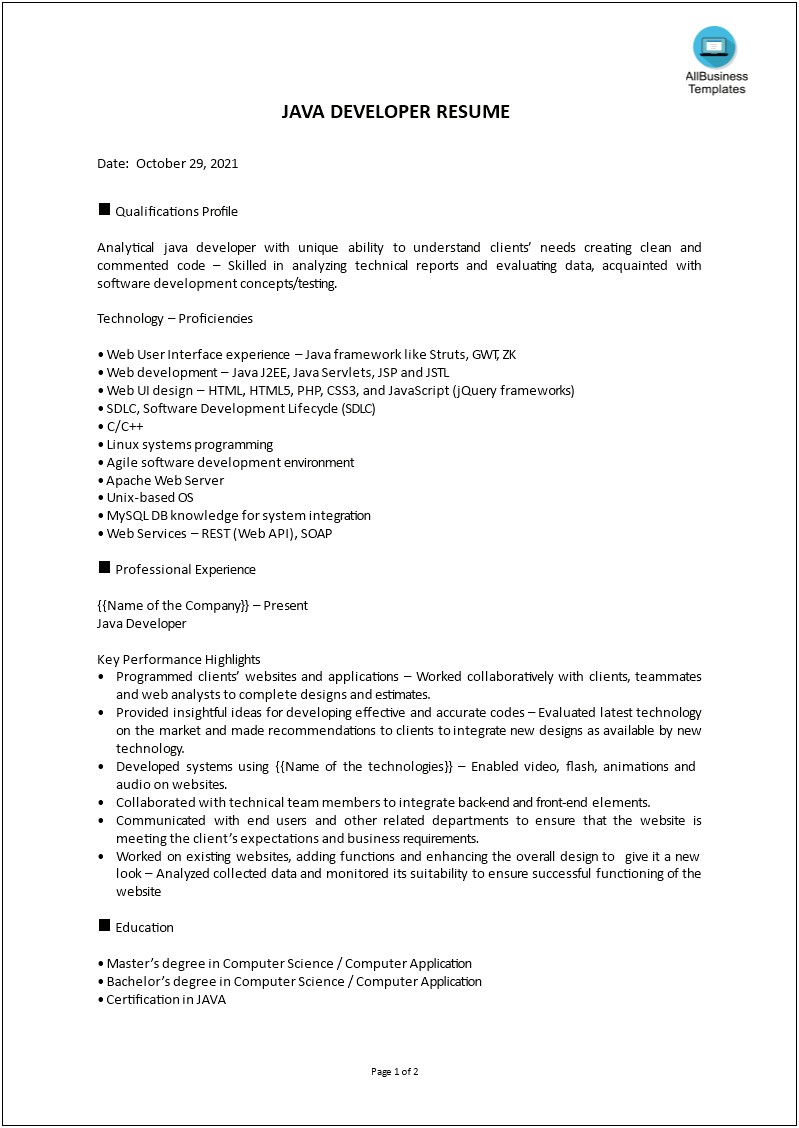 Core Java 1 Year Experience Resume