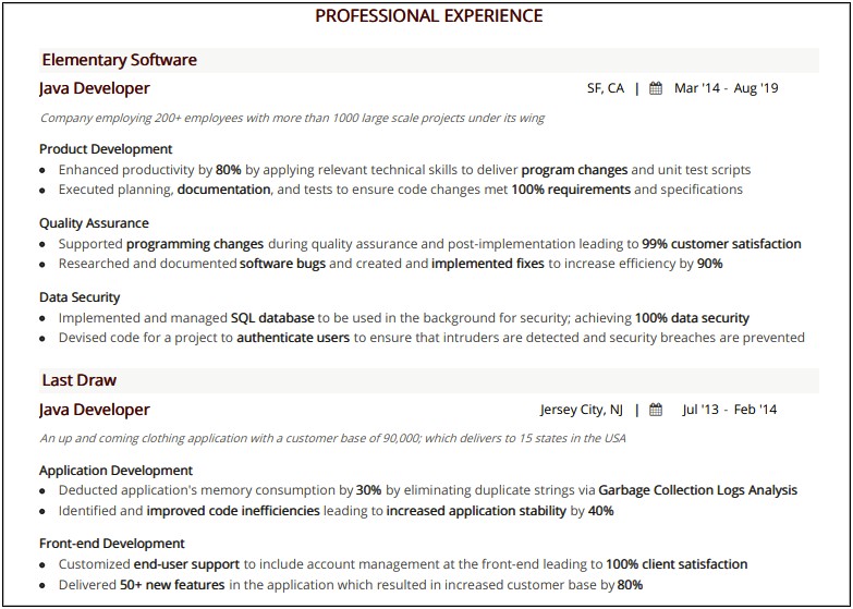 Core Java 2 Years Experience Resume