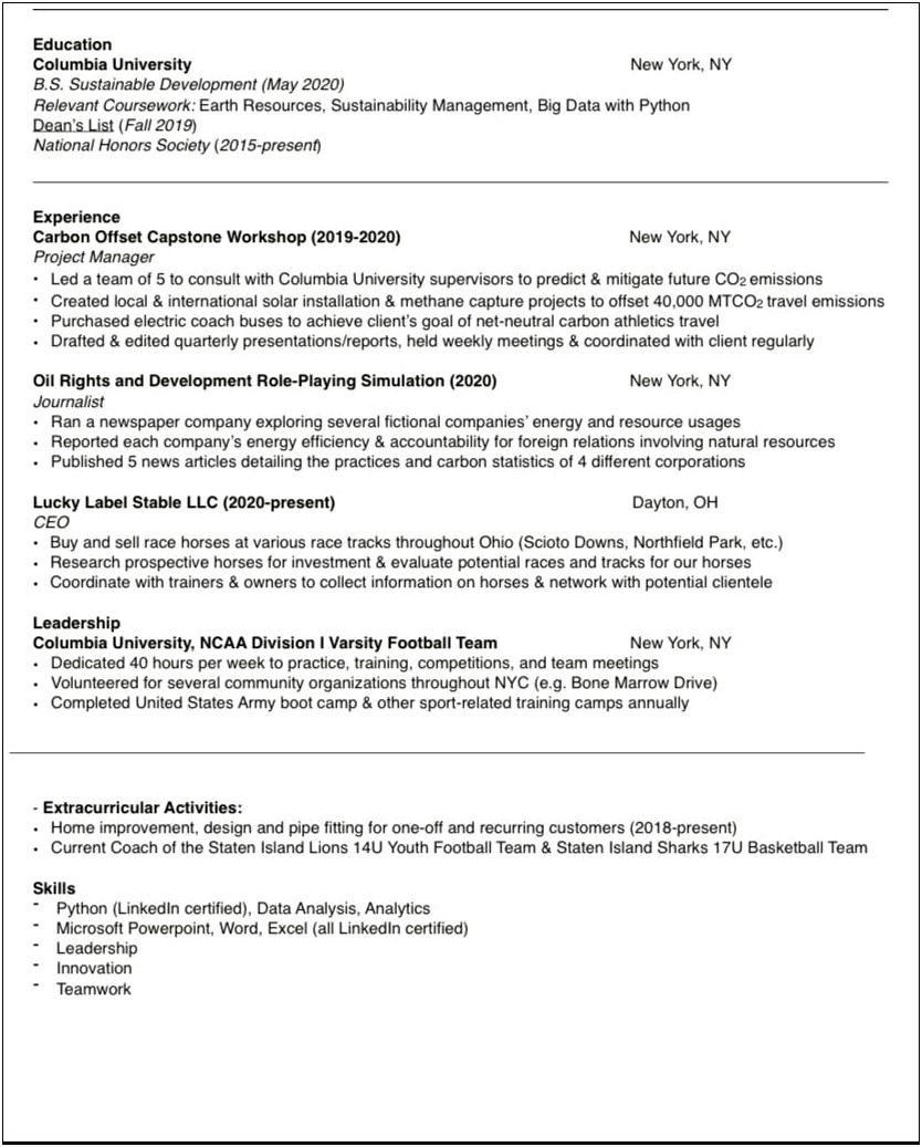 Coursework Completed College Experience On Resume