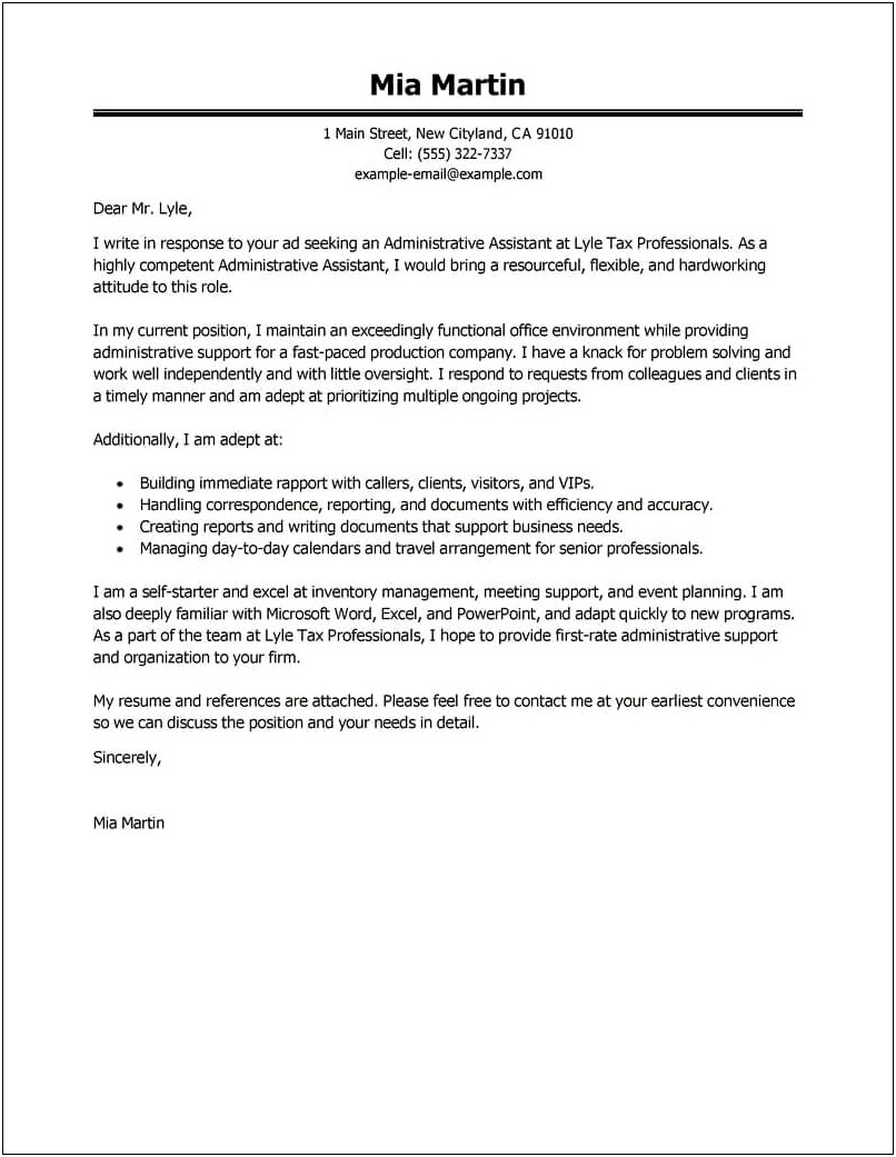 Cover Letter Admistrative Assistant For A Resume Example