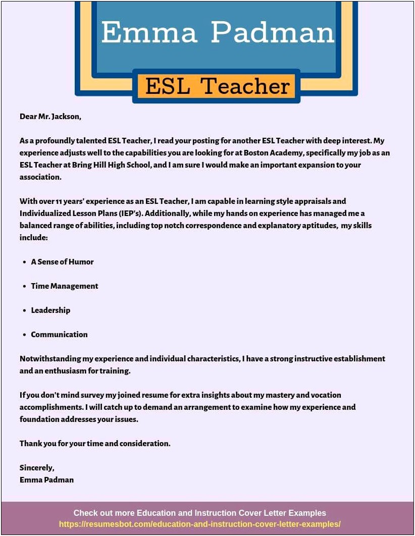 Cover Letter Examples For Teacher Resume