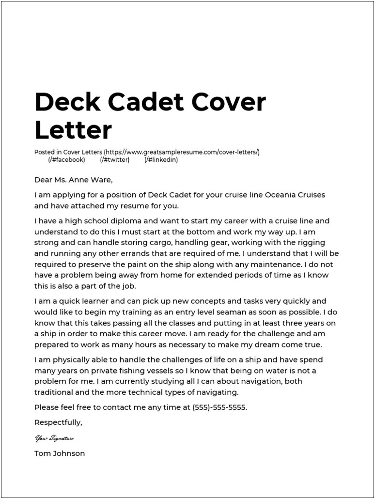Cover Letter For Deck Cadet Resume