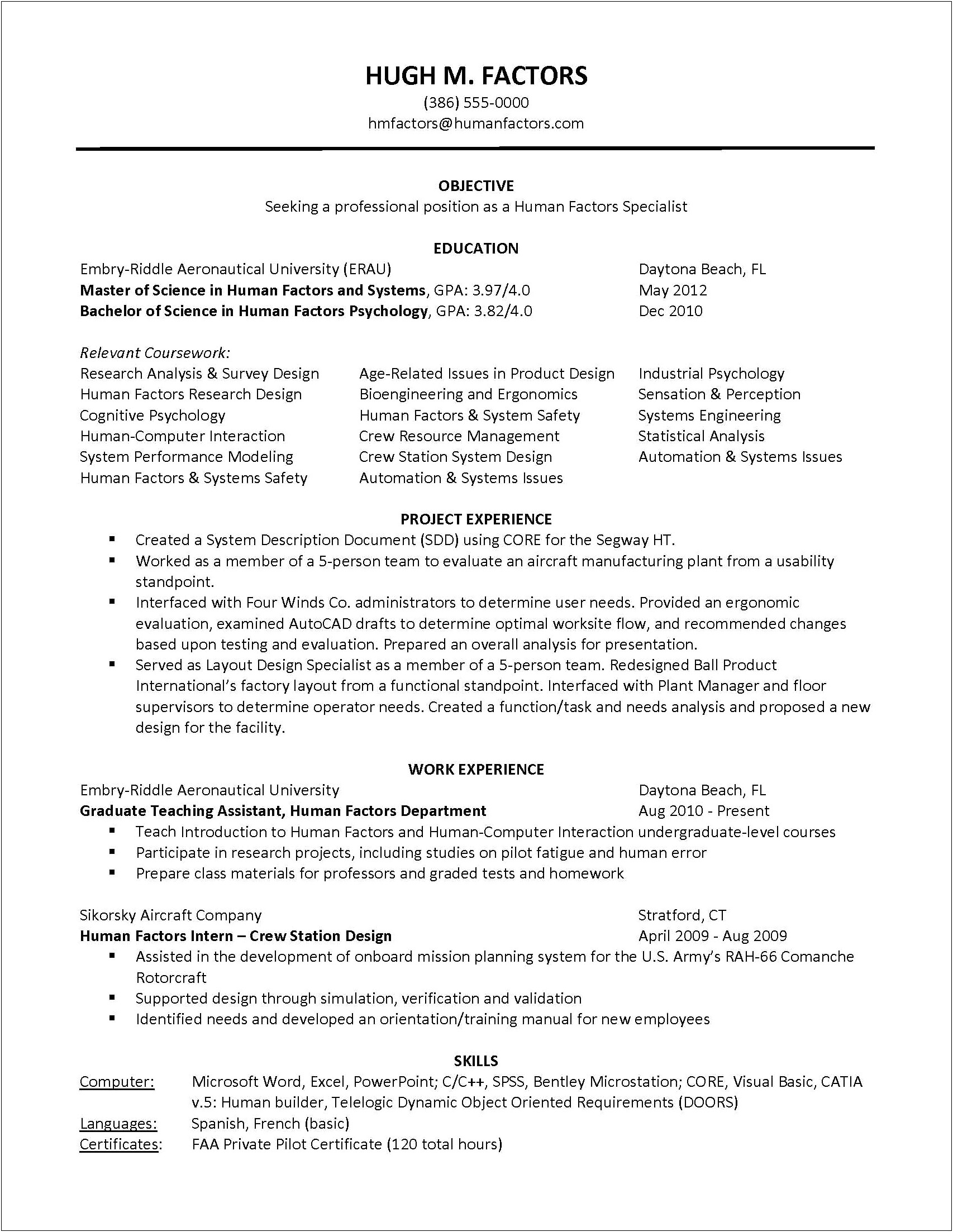 Cover Letter For Resume As Human Factors Intern