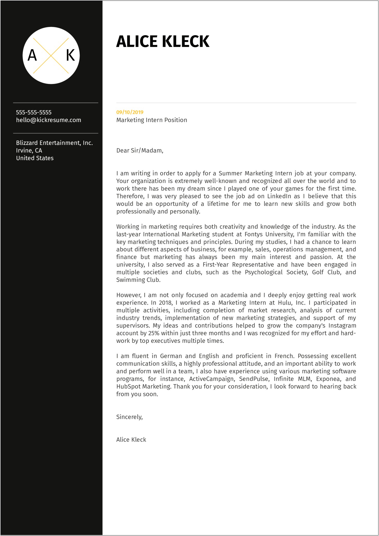 Cover Letter For Resume Examples Marketing