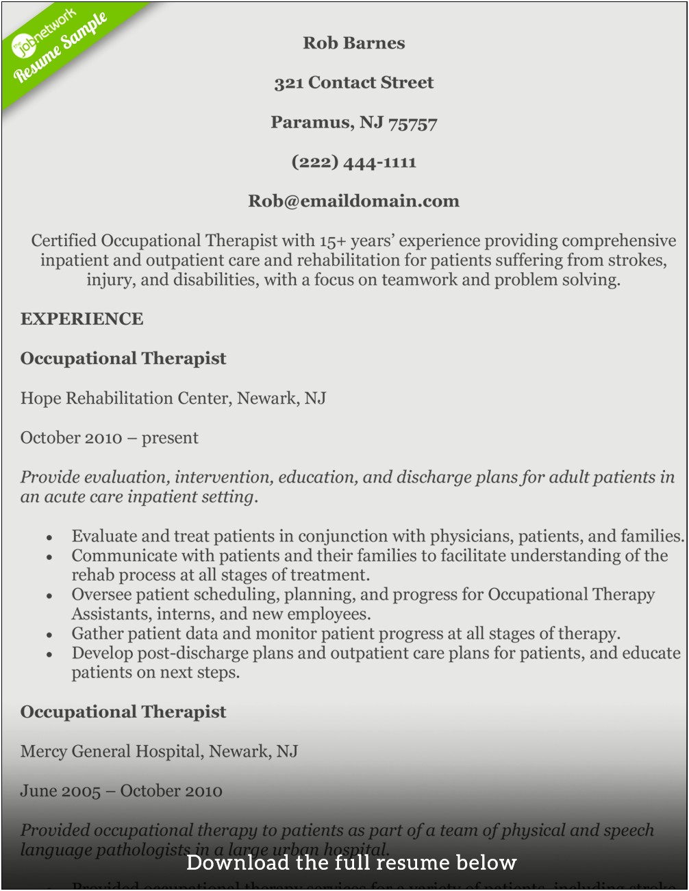 Cover Letter For Resume Occuaptional Therapy