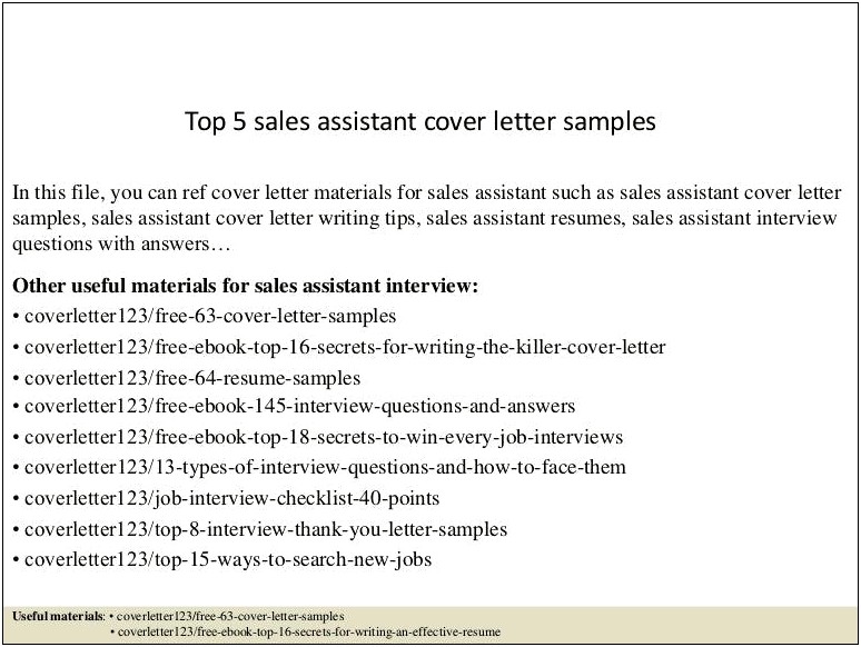 Cover Letter For Resume Sales Assistant